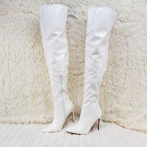 White Patent Wide Top Thigh High Boots 4" Heels